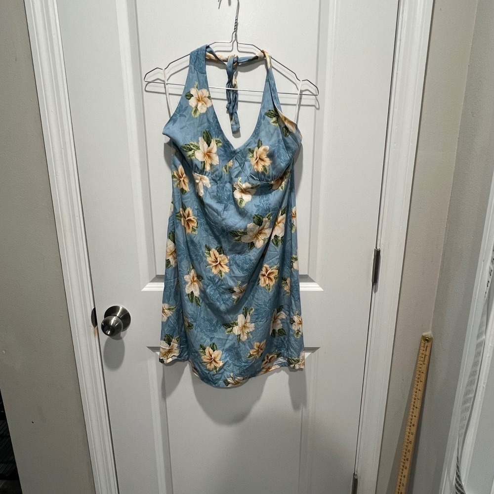 M D Fashion Women Halter Dress Blue Hibiscus Floral Hawaii Rayon L Flawed